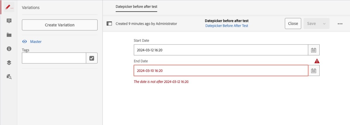 Author view with failed date validation