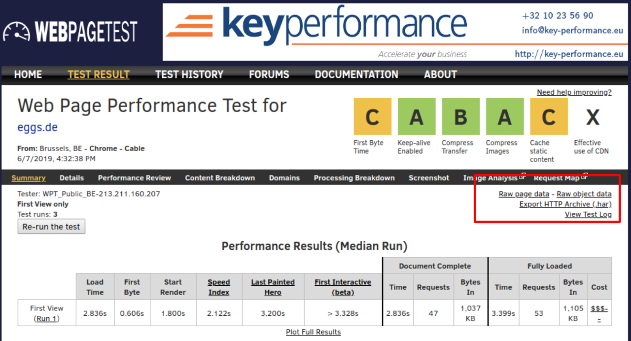 Export of data from webpagetest
